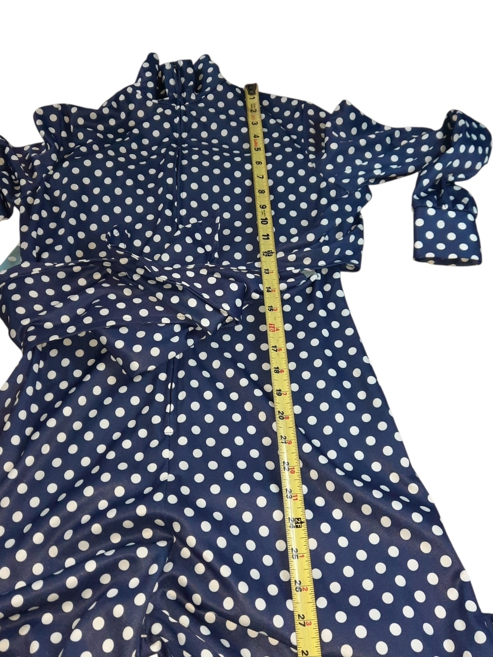 Vintage Women's Navy Polka Dot Long Sleeve Jumpsuit with Tie Waist - Picture 5 of 15